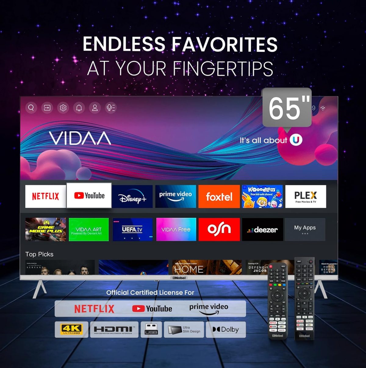 ⁦نوبل تلفزيون LED ذكي 65 بوصة 4K UHD بدون اطار مع اندرويد 13 وHDR ومنافذ HDMI وUSB وشبكة LAN ومدخل محوري ومكبرات صوت مدمجة وواي فاي وتي في او اس بتصميم حوت ودي ال اي دي رفيع للغاية مثالي للمسرح المنزلي⁩ - الصورة ⁦2⁩