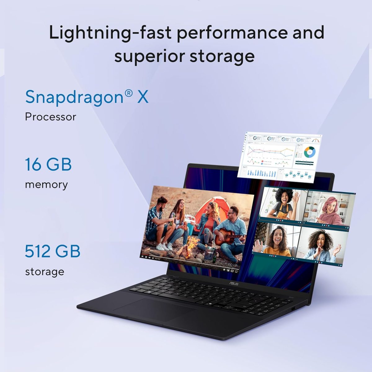 ⁦اسس لابتوب فيفوبوك 16، شاشة 16 انش WUXGA 60Hz، كوالكوم سناب دراغون اكس، وحدة معالجة رسومات جرافيكية كوالكوم ادرينو، ذاكرة RAM 16GB، SSD 512GB، ويندوز 11، ازرق هادئ، X1607QA-DS54⁩ - الصورة ⁦5⁩