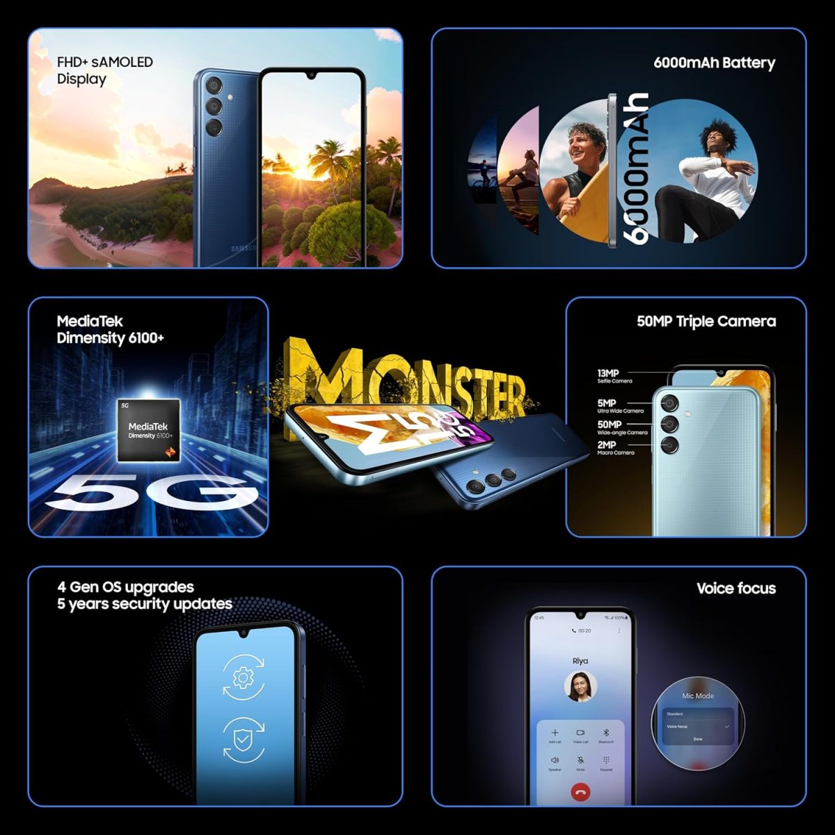 ⁦سامسونج جوال جالكسي M15 اصدار برايم 5G (توباز ازرق، ذاكرة RAM 4GB، تخزين 128GB) | شاشة سوبر اموليد | كاميرا ثلاثية 50MP | بطارية 6000mAh | ميديا تيك ديمنستي 6100+ | ترقية نظام تشغيل الجيل الرابع⁩ - الصورة ⁦2⁩