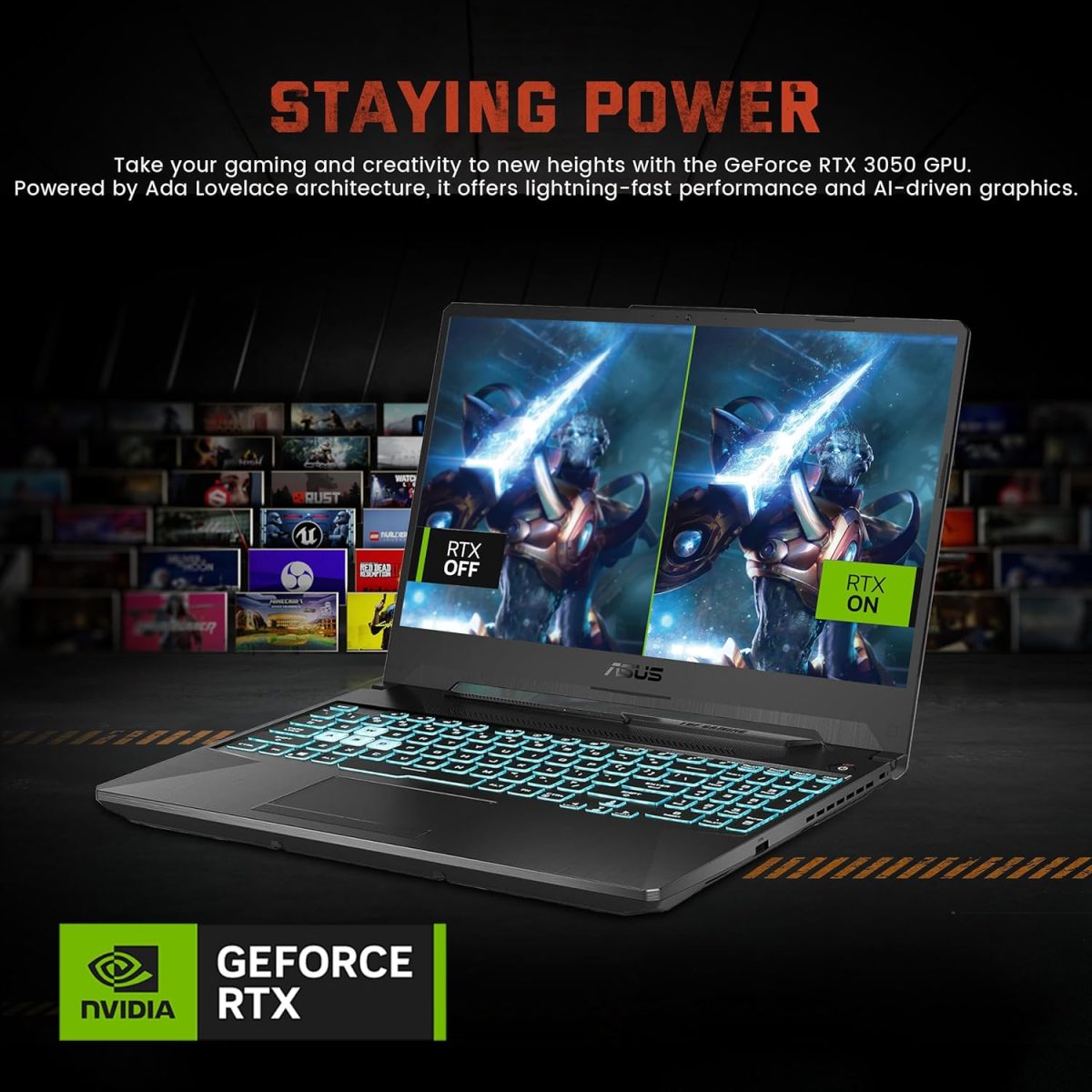 ⁦اسس لابتوب العاب تي يو اف A15 بشاشة 15.6 انش FHD 144Hz ومعالج AMD رايزن 7 7435HS وانفيديا جيفورس RTX 3050 وذاكرة DDR5 16GB وSSD 512GB وكيبورد باضاءة خلفية وواي فاي 6 وويندوز 11 برو، اسود، مجموعة قاعدة⁩ - الصورة ⁦6⁩