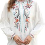 جروسي بلايز فلاحية مكسيكية تقليدية باكمام طويلة للنساء، قمصان بوهو مطرزة بازرار سفلية كاجوال، فيستا