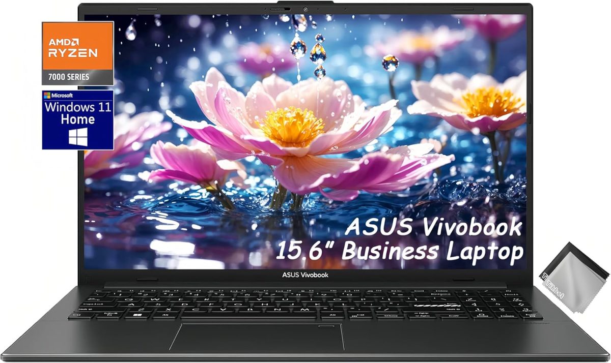 اسس لابتوب فيفو بوك جو رفيع للاعمال مقاس 15.6 انش ومعالج AMD رايزن 3 7320U وذاكرة RAM DDR5 8GB وSSD 1TB وكاميرا ويب وUSB C ووضع مسطح 180 درجة وواي فاي وبلوتوث 5.1 وويندوز 11 مع قطعة قماش