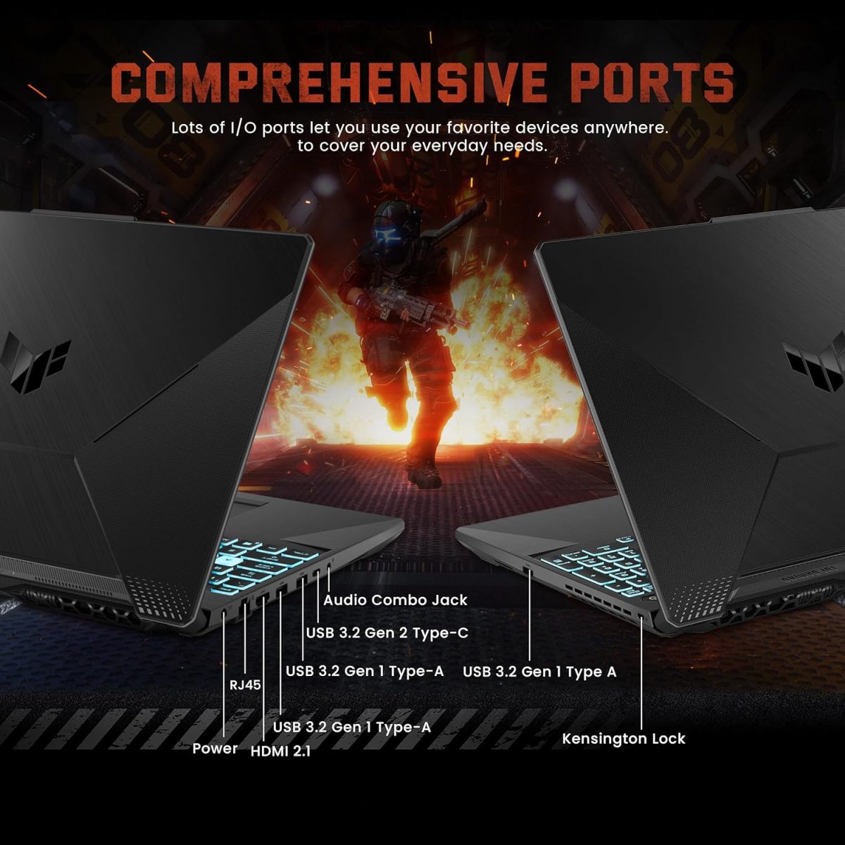 ⁦اسس لابتوب العاب تي يو اف A15 بشاشة 15.6 انش FHD 144Hz ومعالج AMD رايزن 7 7435HS وانفيديا جيفورس RTX 3050 وذاكرة DDR5 16GB وSSD 512GB وكيبورد باضاءة خلفية وواي فاي 6 وويندوز 11 برو، اسود، مجموعة قاعدة⁩ - الصورة ⁦9⁩