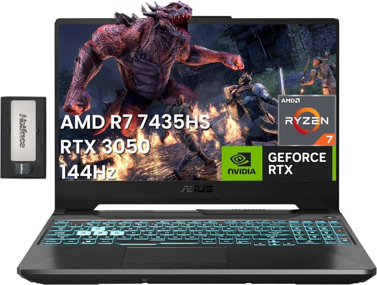 اسس لابتوب العاب تي يو اف A15 بشاشة 15.6 انش FHD 144Hz ومعالج AMD رايزن 7 7435HS وانفيديا جيفورس RTX 3050 وذاكرة DDR5 16GB وSSD 512GB وكيبورد باضاءة خلفية وواي فاي 6 وويندوز 11 برو، اسود، مجموعة قاعدة