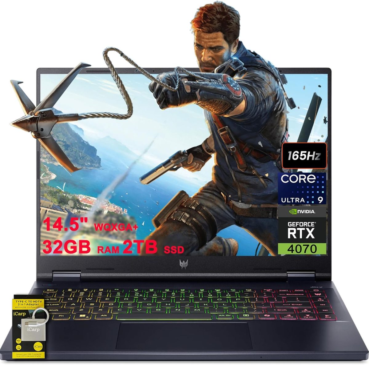 ايسر لابتوب العاب بريداتور هيليوس نيو 14 14.5 انش WQXGA+ (3072x1920) 165Hz (400nits G-SYNC) انتل 16 كور الترا 9 185H 32GB RAM 2TB SSD جيفورس RTX 4070 RGB اضاءة خلفية ويندوز 11 مع ملحق ICP