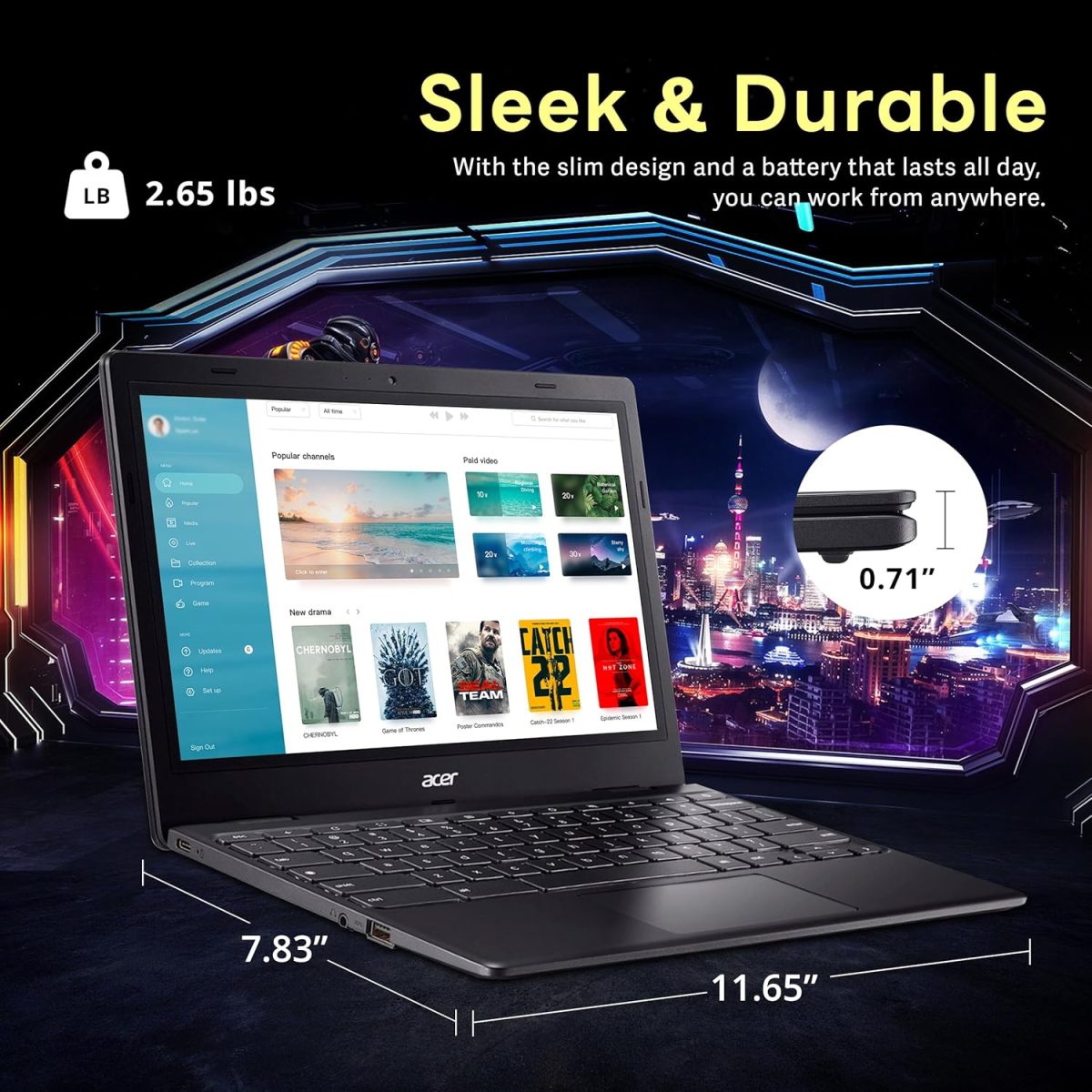 ⁦ايسر لابتوب كروم بوك 311 11.6 انش HD، انتل سيليرون N4500، بطاقة عرض مرئي انتل UHD، ذاكرة RAM LPDDR4X 4GB، تخزين 224GB (64GB eMMC + مجموعة قاعدة شحن 160GB)، نظام تشغيل كروم، واي فاي 5، اسود⁩ - الصورة ⁦8⁩