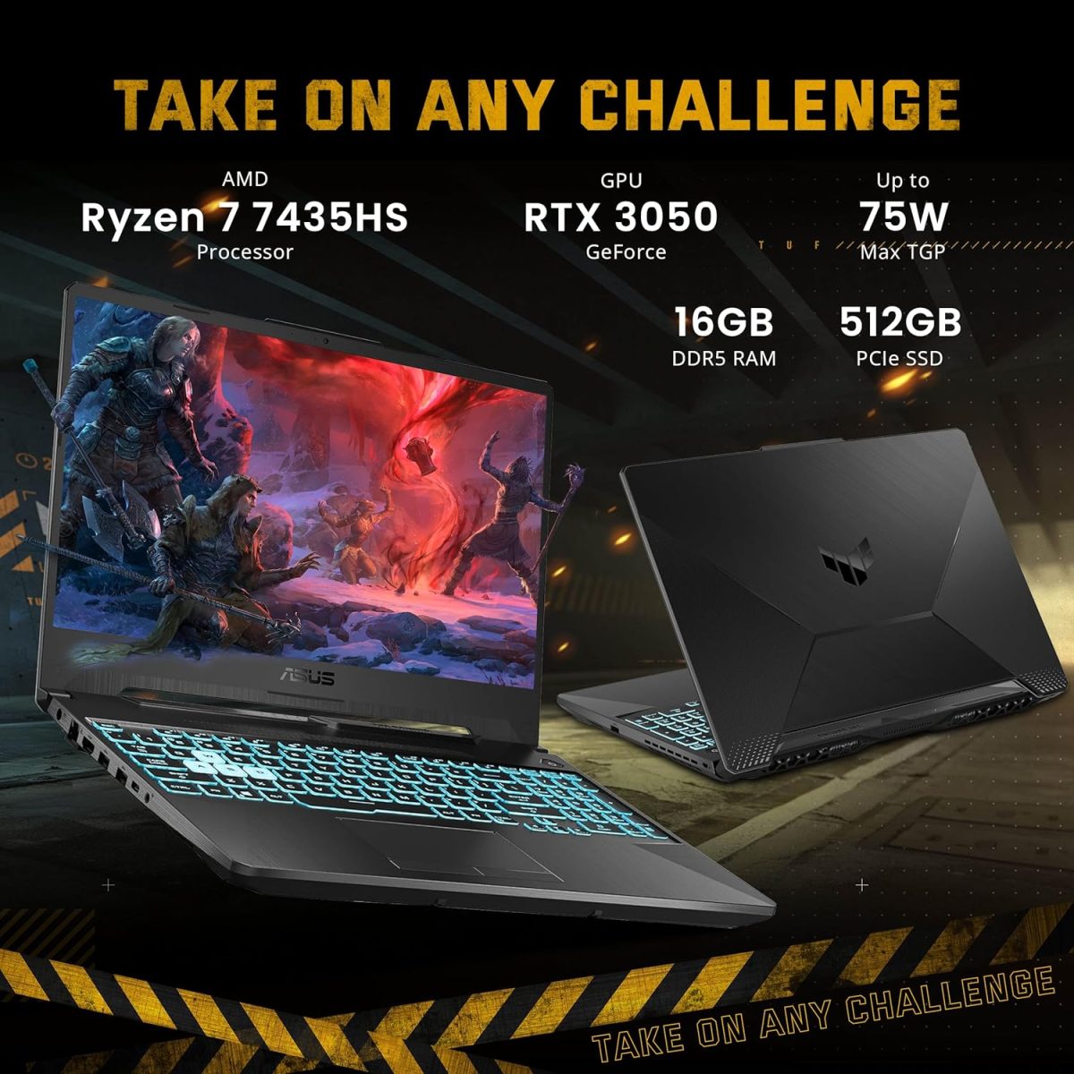 ⁦اسس لابتوب العاب تي يو اف A15 بشاشة 15.6 انش FHD 144Hz ومعالج AMD رايزن 7 7435HS وانفيديا جيفورس RTX 3050 وذاكرة DDR5 16GB وSSD 512GB وكيبورد باضاءة خلفية وواي فاي 6 وويندوز 11 برو، اسود، مجموعة قاعدة⁩ - الصورة ⁦3⁩