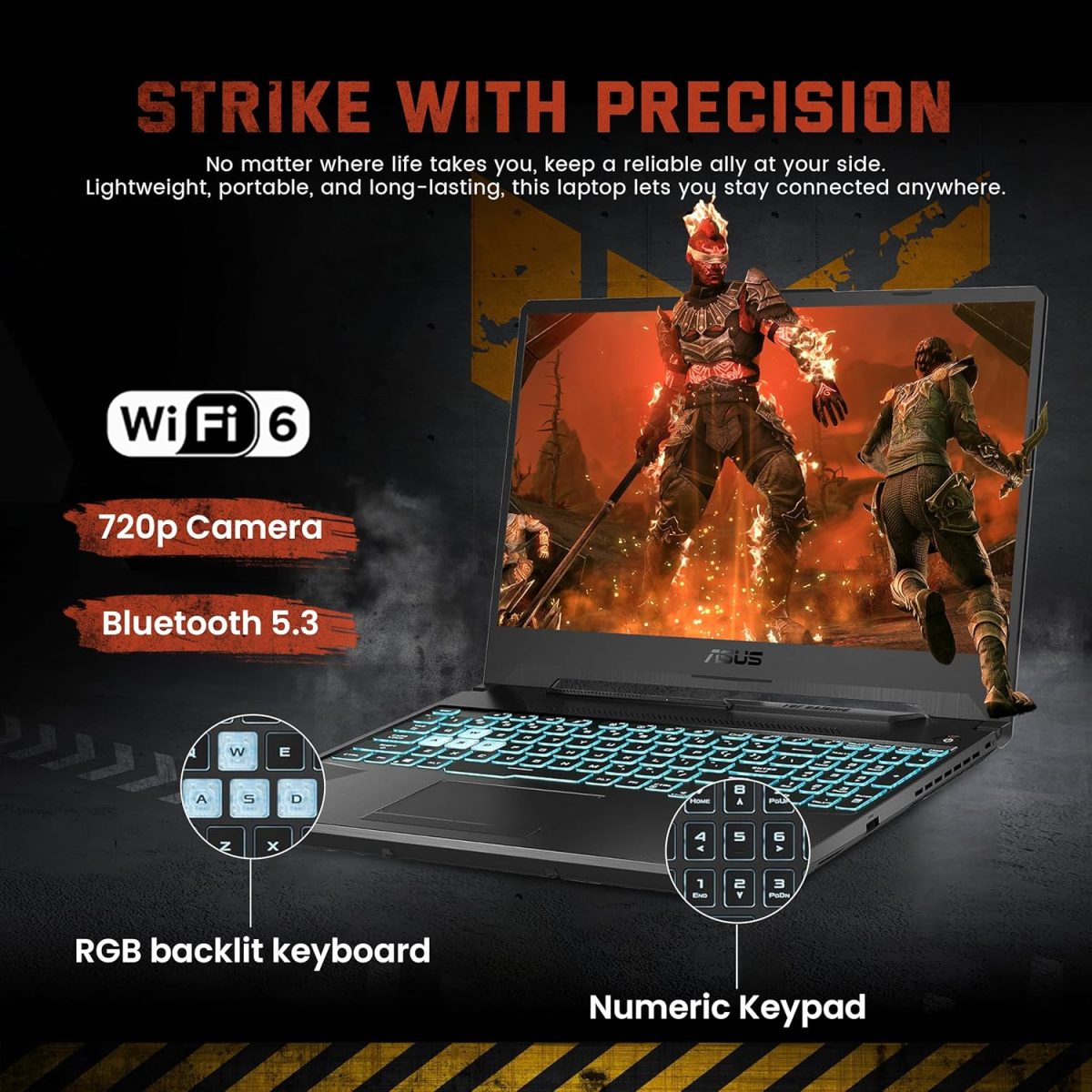 ⁦اسس لابتوب العاب تي يو اف A15 بشاشة 15.6 انش FHD 144Hz ومعالج AMD رايزن 7 7435HS وانفيديا جيفورس RTX 3050 وذاكرة DDR5 16GB وSSD 512GB وكيبورد باضاءة خلفية وواي فاي 6 وويندوز 11 برو، اسود، مجموعة قاعدة⁩ - الصورة ⁦4⁩