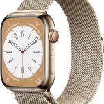 ساعة ابل سلسلة 8 (نظام تحديد المواقع + وظيفه الإتصال الخلوي، 45 ملم) هيكل حديدي مقاول للصدأ بلون ذهبي وسوار ميلانيز ذهبي - مقاس عادي