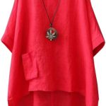 قميص نسائي من القطن والكتان برقبة دائرية ضيقة واكمام 3/4 وقبة دائرية واكمام طويلة