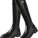 حذاء ركوب الخيل للنساء من الجلد الناعم برقبة عالية حتى الركبة وسحاب خلفي ورأس دائري جيد التهوية وكعب متوسط بطول 3-5 سم وطول الركبة ومقاوم للانزلاق ومقاوم للماء لفصل الربيع/الخريف