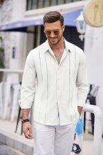 ⁦قميص رجالي كوبان غوايابيرا بنمط كاجوال بازرار امامية واكمام طويلة قمصان شاطئ صيفية⁩ - الصورة ⁦4⁩