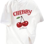 تي شيرت نسائي نصف كم مطبوع عليه حروف الكرز من جورجليتر، بلوزة صيفية كبيرة الحجم بقبة دائرية بدون طوق