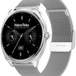 ساعة ذكية هاينوتيكو-16 رفيعة للغاية ومقاومة للماء من هاينوتيكو بشاشة اموليد لاجراء المكالمات عبر البلوتوث، 3 ازواج من الاساور وكيبل شحن مصممة للنساء والرجال (فضي)