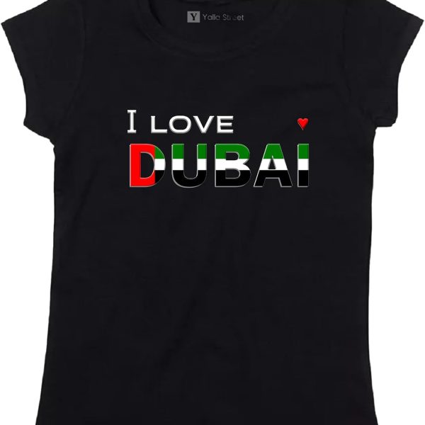 تي شيرت بعبارة I Love Dubai Statement من يلا ستريت - تي شيرت لطيف ومريح للبنات مع رسومات على شكل قلب