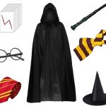 مجموعة زي تنكري من رداء الساحر، رداء هوجورتس ويزاردينج وورلد للاطفال والكبار، ملحق تنكري يتضمن ربطة عنق مخططة، اطار نظارة، قبعة ساحر، عصا سحرية، وشاح، وملصق لايتنينج