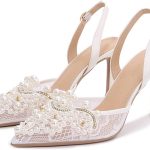 حذاء زفاف بليسر بكعب ابيض للنساء من هودور، حذاء دانتيل بكعب عالي، حذاء لؤلؤي للنساء