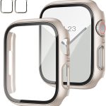 جيه زد كيه حافظة حماية من الزجاج المقوى مع شاشة حماية من الزجاج المقوى لساعة ابل سلسلة 6/5/4/SE 44 ملم، غطاء واقي رفيع للغاية من البولي كربونات عالي الدقة لساعة اي ووتش 44 ملم، ستارلايت