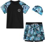 FedMois Boy Swim Set, 3 Pieces Set Swim Shirt + Swimming Shorts with Compression Liner + Swimming Cap