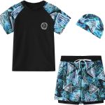 FedMois Boy Swim Set, 3 Pieces Set Swim Shirt + Swimming Shorts with Compression Liner + Swimming Cap