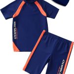 طقم ملابس سباحة للاولاد بعامل حماية من الاشعة فوق البنفسجية بعامل حماية من الاشعة فوق البنفسجية 50+، قطعتين للحماية من الطفح الجلدي مع قبعة للاطفال من سن 4-14 سنة