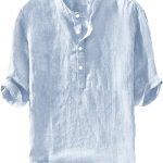 ريانلوجي قمصان كتان للرجال بجيب هينلي 3/4 كم كاجوال من القطن خفيفة الوزن للشاطئ واليوغا