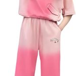 طقم صيفي للبنات مكون من قطعتين، تي شيرت بينك متدرج وبنطلون بارجل واسعة، للاعمار من 4 الى 15 سنة، طقم ملابس رياضية كاجوال مصبوغة بالربط للاطفال