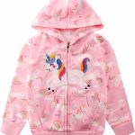 جاكيت بقلنسوة وسحاب للبنات الصغار بتصميم يونيكورن بالوان قوس قزح معطف كاجوال بغطاء للراس مقاس 2-7 سنوات