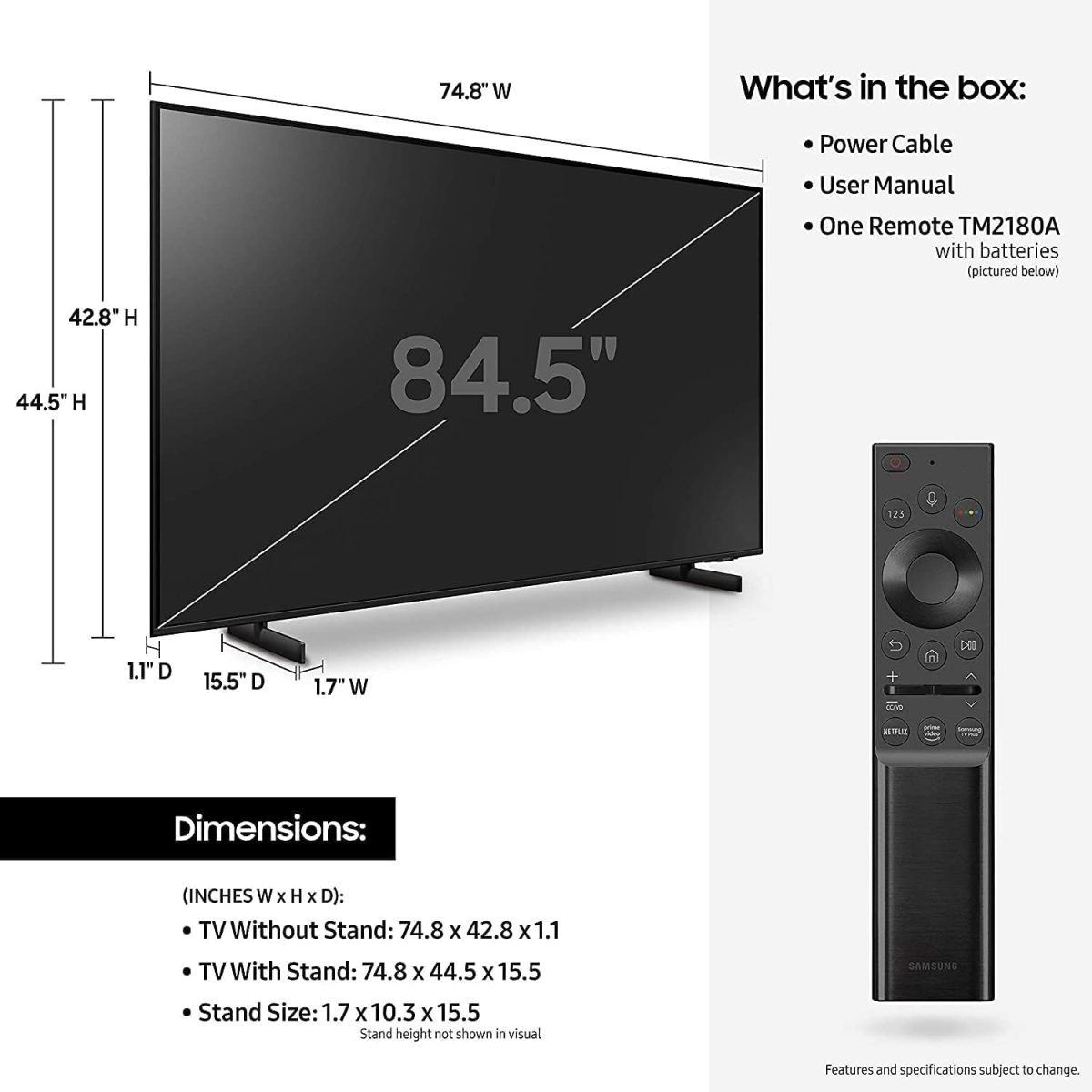 ⁦سامسونج 85 بوصة كلاس كريستال 4K UHD سلسلة AU8000 HDR، 3 منافذ HDMI، موشن اكسسيليراتور، تاب فيو، الكمبيوتر على التلفزيون، كيو سيمفوني، تلفزيون ذكي 2021 - اصدار عالمي⁩ - الصورة ⁦2⁩