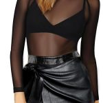 توب قصير شبكي للنساء من جو باو، قميص شبكي شفاف باكمام طويلة وقصة ضيقة، بلوزة شبكية مثيرة بقصة ضيقة واكمام طويلة