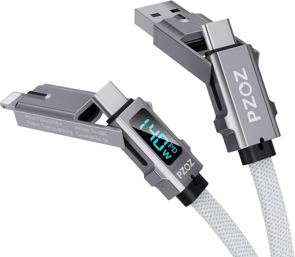 بي زوز كيبل USB C الى لايتنينج بطول 1.5 متر، 140 واط، كيبل شحن متعدد 4 في 1، كيبل نوع C مع شاشة LED، سلك شحن سريع لايفون 16 15 برو ماكس وايباد وماك بوك وسامسونج وغيرها