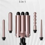مجموعة عصا تمويج الشعر 5 في 1 من فينج مينغو، مكواة فرد الشعر بالتسخين الفوري مع 5 اسطوانات سيراميك قابلة للتبديل (19-32 ملم) مع اضاءة LED وتسخين، 4 مستويات لضبط درجة الحرارة (ذهبي)