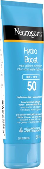 ⁦Neutrogena Hydro Boost Water Gel Lotion Sunscreen SPF 50 – 88ml | Broad Spectrum UVA/UVB Protection, Water & Sweat Resistant (80 min), Hydrating & Non-Greasy, Won’t Clog Pores⁩ - الصورة ⁦2⁩