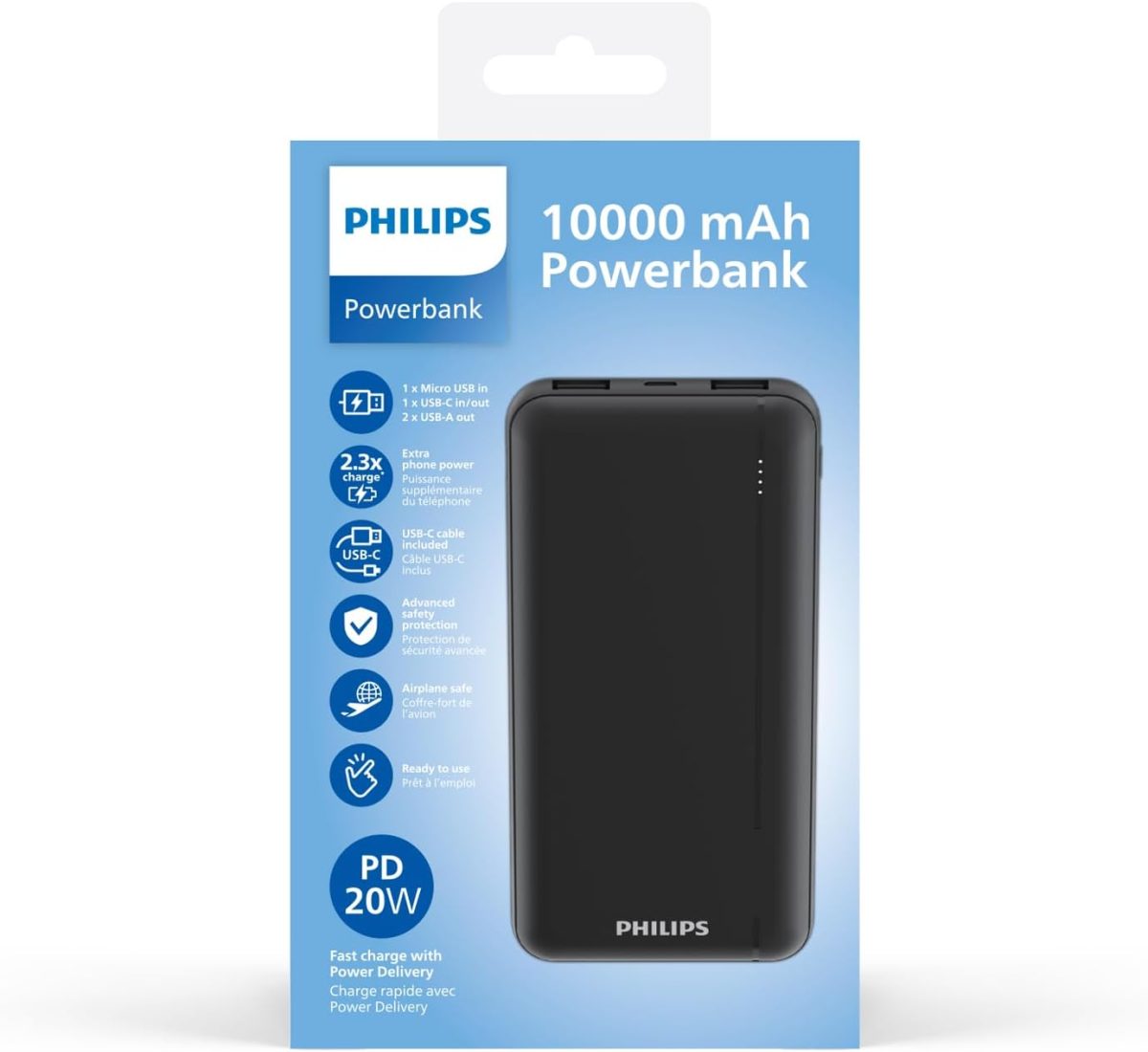 ⁦فيليبس باور بانك DLP1812PB 10000mAh 20 واط مع PD & QC3.0، منافذ USB-A ونوع C، متوافق مع سلسلة ايفون 16/15، جالاكسي S25/S24/S23 الترا، كيبل نوع C متضمن (اسود)⁩ - الصورة ⁦6⁩