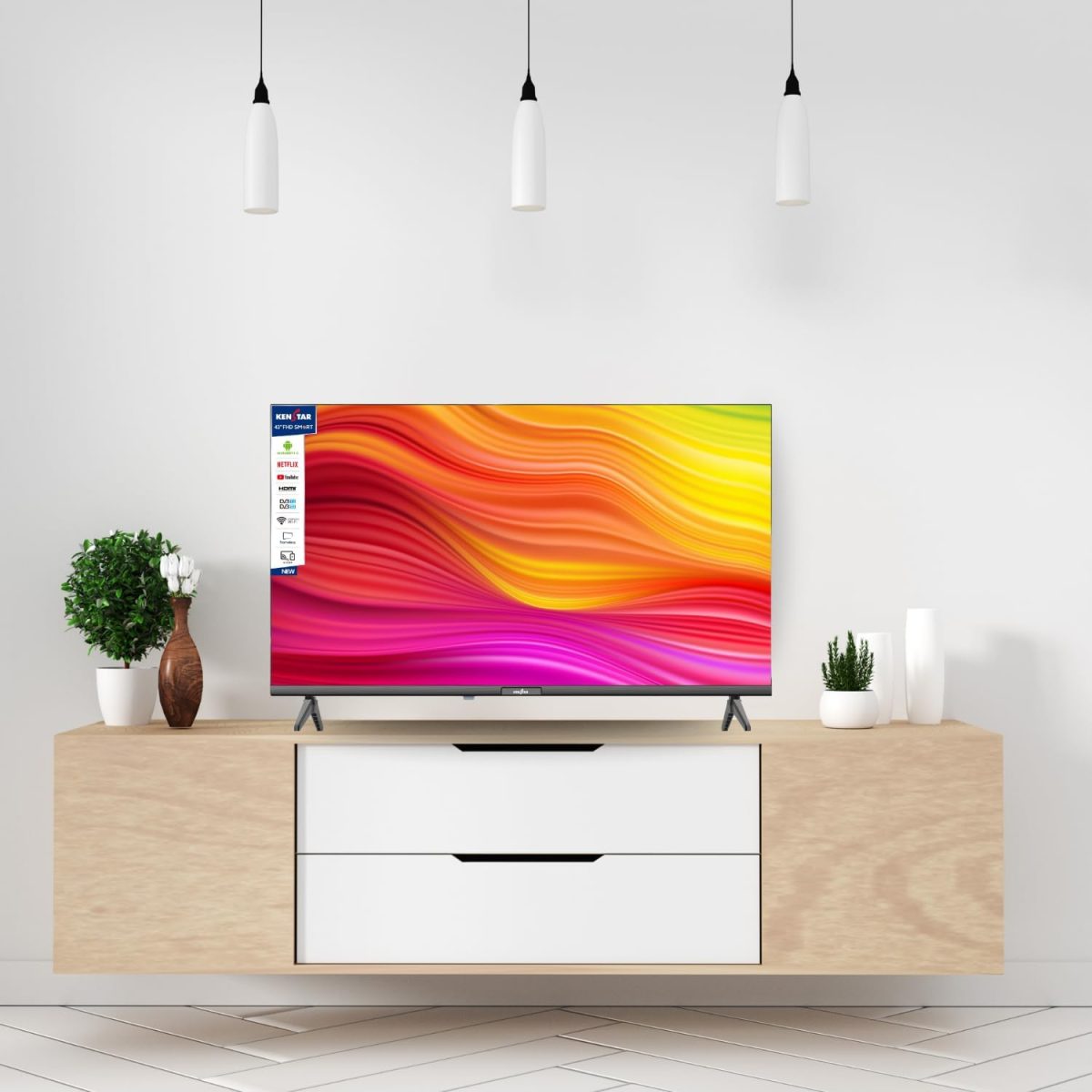 ⁦كينستار تلفزيون ذكي FHD 43 بوصة مع جهاز استقبال DVB-T2/S2، تصميم نحيف بدون اطار، اندرويد 14 فولت، مع تطبيقات نتفليكس ويوتيوب وبرايم فيديو وشاهد. يدعم HDMI وUSB وواي فاي هاي كاست. DR 1920×1080p⁩ - الصورة ⁦2⁩