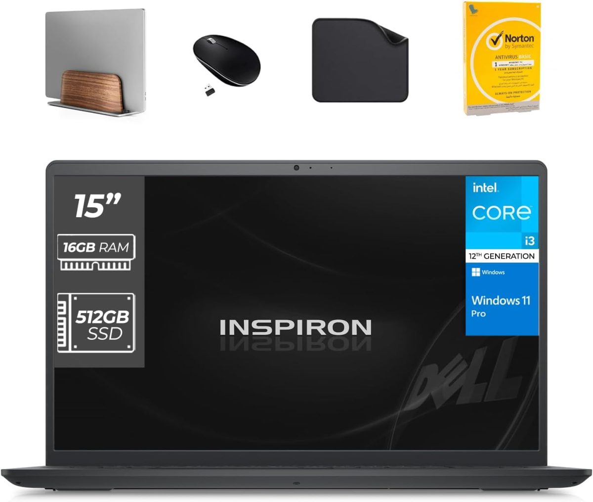 ديل لابتوب انسبايرون 3520 جيل 12 انتل i3-1215U وويندوز 11 برو وكاميرا ويب HD وشاشة 15.6 انش (يتضمن حامل لابتوب الموجة الاولى + ماوس لاسلكي + قاعدة ماوس + مضاد للفيروسات) - ذاكرة RAM 16GB وSSD 512GB