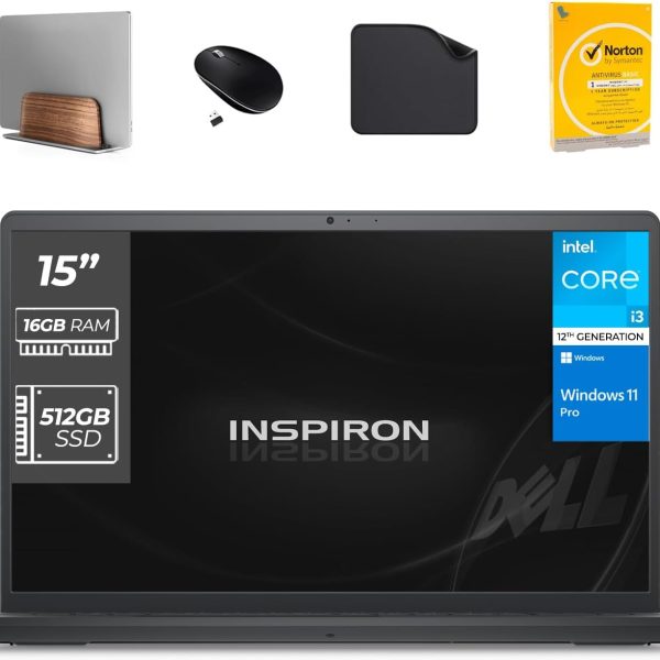 ديل لابتوب انسبايرون 3520 جيل 12 انتل i3-1215U وويندوز 11 برو وكاميرا ويب HD وشاشة 15.6 انش (يتضمن حامل لابتوب الموجة الاولى + ماوس لاسلكي + قاعدة ماوس + مضاد للفيروسات) - ذاكرة RAM 16GB وSSD 512GB