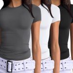 ذا وايت شوب تي شيرت نسائي سادة بقصة ضيقة واكمام قصيرة، بلوزة تونيك بقصة ضيقة Y2k