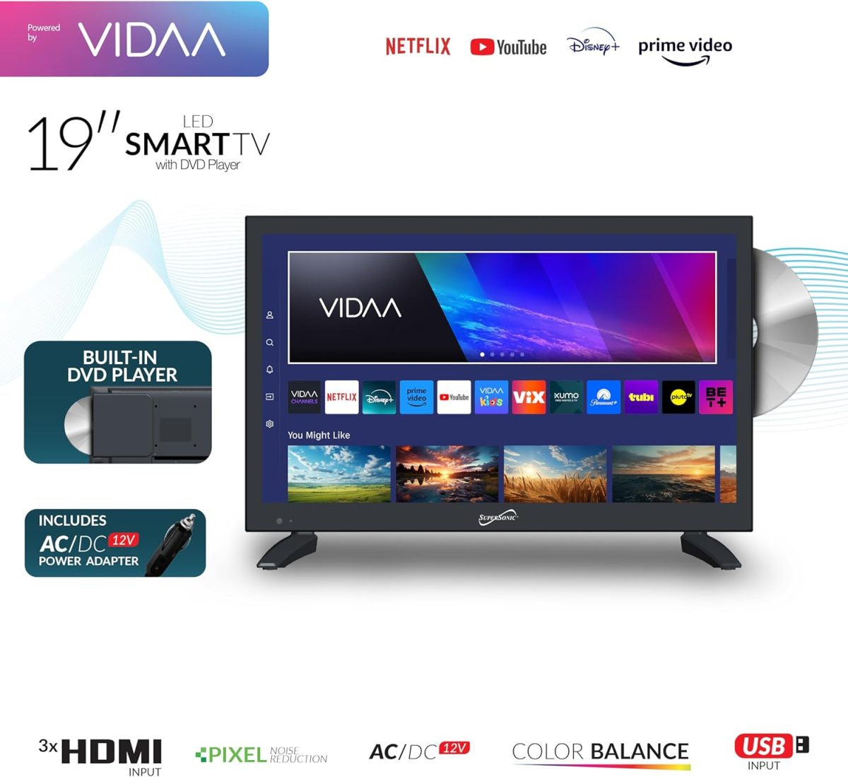 ⁦سوبر سونيك SC-1926DVD 19 انش LED سمارت HDTV مع مشغل دي في دي، 3 منافذ HDMI، 1080p، واي فاي، USB، تيار متردد/تيار مستمر، متوافق مع المنزل او المطبخ او التخييم ار في، سلك سيارة تيار مستمر متضمن (SC⁩ - الصورة ⁦2⁩