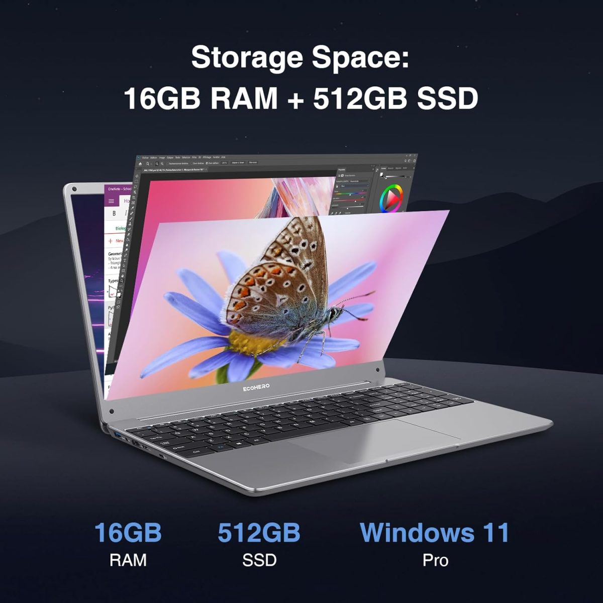 ⁦لابتوب ايكوهيرو ويندوز 11 بشاشة 15.6 انش FHD (1920×1080) IPS، انتل كور i3-5005U، ذاكرة RAM 16GB وSSD 512GB، واي فاي 2.4G/5G، بلوتوث 5.0 وار جيه 45، وظائف بالكامل، نوع C، سبيس⁩ - الصورة ⁦4⁩