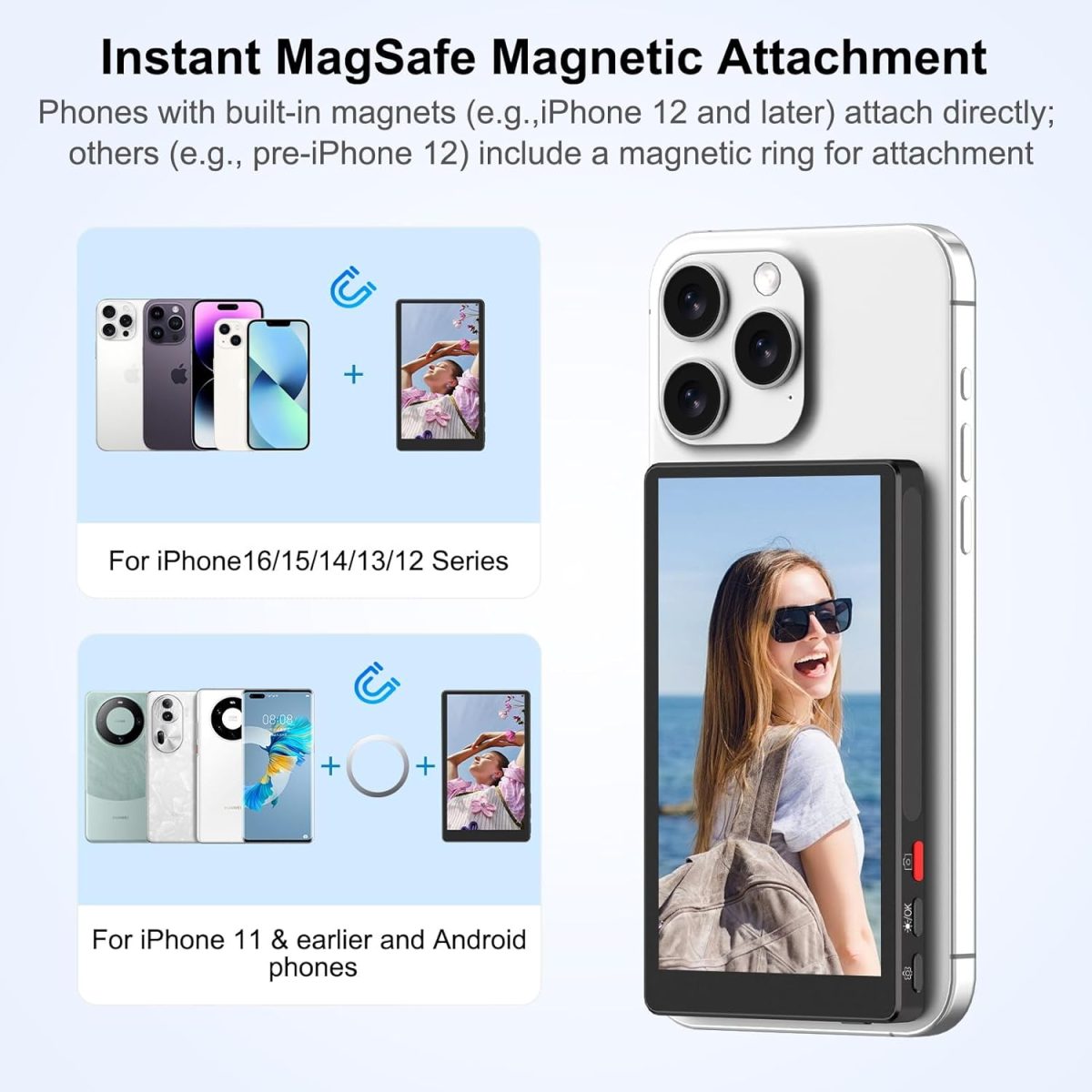 ⁦MAGEX Phone Vlog Selfie Monitor Screen, 4" Wireless Magnetic Selfie Screen for iPhone Android Back Camera Monitor for 4K Recording Selfie Vlog Live Stream TikTok, WiFi Uninterrupted⁩ - الصورة ⁦5⁩