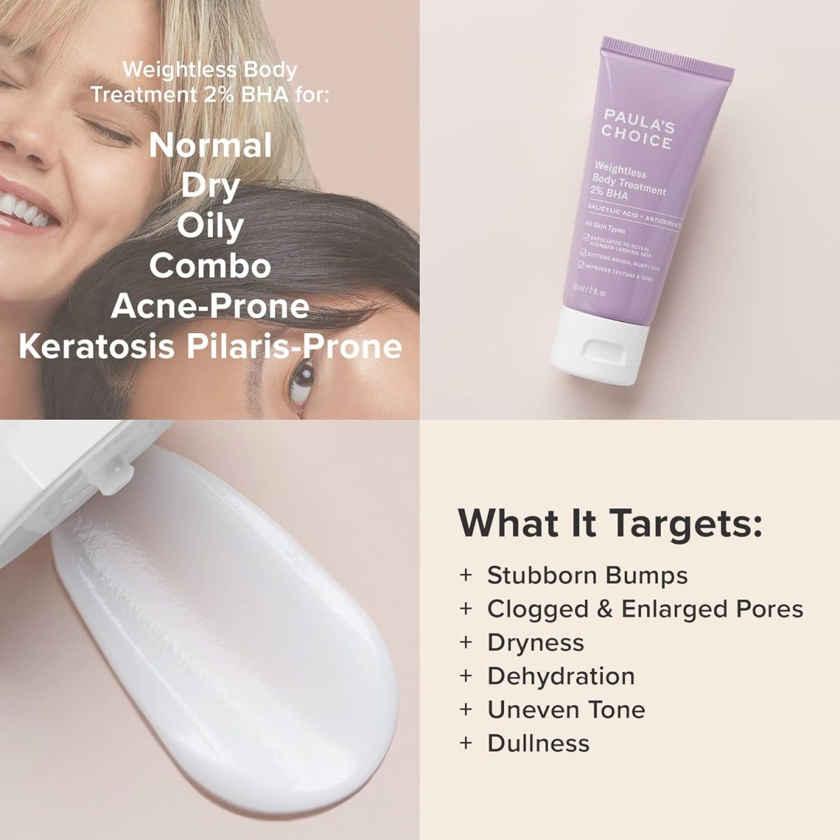 ⁦Paula's Choice Weightless Body Treatment 2% BHA, Salicylic Acid & Chamomile Lotion Exfoliant, Moisturizer for Keratosis Pilaris (KP) Prone Skin & Clogged Pores, Fragrance-Free & Paraben-Free, 2 Ounces⁩ - الصورة ⁦4⁩