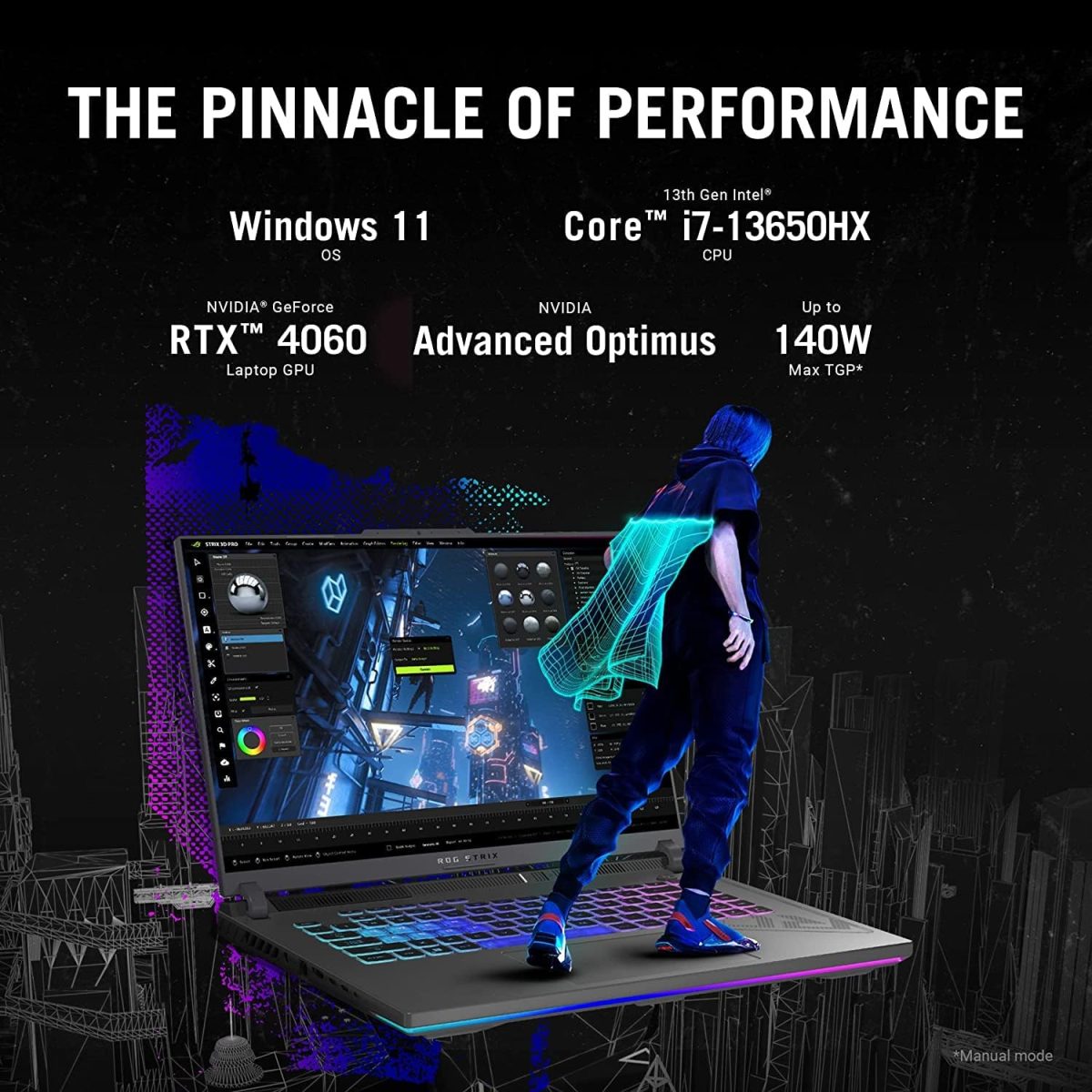 ⁦اسس لابتوب روج ستريكس G16 للالعاب 2023 بشاشة 16.1 انش FHD + 165Hz كور i7-13650HX 16GB 512GB انفيديا جيفورس RTX 4060 8GB بطاقة رسومات RGB خلفية مفتاح انجليزي ويندوز 11 رمادي مع اقتباسات العاب نيون⁩ - الصورة ⁦2⁩