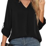 كوزدزو بلوزات 3/4 كم للنساء للعمل كاجوال انيق من الشيفون بقبة V