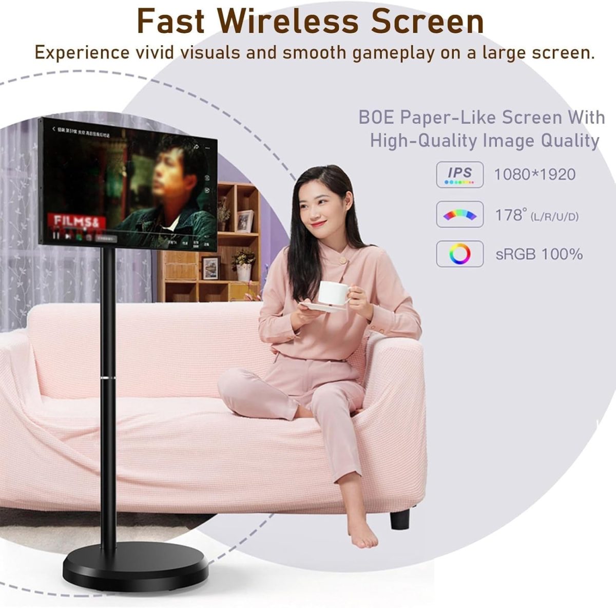 ⁦21.5-Inch Smart Touchscreen Monitor, 1080p Mobile Portable TV Stand on Wheels, Android 14, Built-in 6000mAh Battery, 90° Swivel Rotation, Remote Control, for Home, Bedroom, Gym(Black,6＋128G)⁩ - الصورة ⁦4⁩