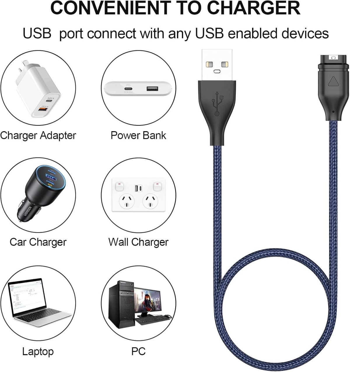 ⁦كيبل شاحن ساعة جارمين، كيبل شحن مضفر USB/USB C لجارمين فينيكس 8 7 7X 7S 6 E سولار وفور رانر 965 955 265 255 245 165 55 45، فينو 3 اس كيو وانستنكت وفيفواكتيف 5 4 (ازرق، USB 100 سم)⁩ - الصورة ⁦5⁩