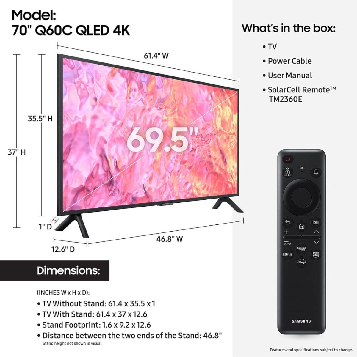 ⁦سامسونج تلفزيون ذكي QLED بدقة 4K Q60C مقاس 70 بوصة من سلسلة كوانتوم HDR باضاءة LED مزدوجة وصوت تتبع الاجسام، كيو سيمفوني، موشن اكسسيليراتور - اصدار عالمي⁩ - الصورة ⁦2⁩