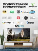 ⁦فيديوكون تلفزيون جوجل الرسمي 4K UHD بدون حواف مقاس 55 بوصة، تلفزيون LED ذكي مع جهاز تحكم عن بعد صوتي، صوت دولبي، بلوتوث، كروم كاست مدمج، DVB-T2/S2، حامل حائط مجاني - E55ELGT1100⁩ - الصورة ⁦3⁩
