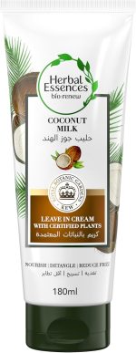 هيربل اسينسيز بلسم حليب جوز الهند من بيو رينيو مع نباتات معتمدة لتقليل تجعد الشعر وتغذيته وفك تشابكه، خالي من الكبريتات، 180 مل