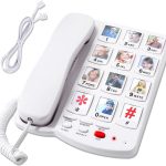 جوال بزر كبير لكبار السن المصابين بالخرف - هاتف منزلي 110 ديسيبل مع 10 ازرار صور لسهولة الاتصال - هاتف لضعاف السمع، هاتف ارضي سلكي للمنزل